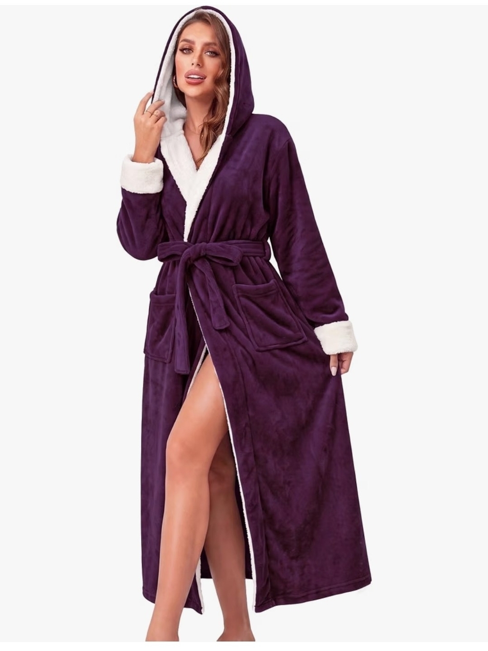 Rongtai Plush Hooded Long Robe with Sherpa Trim - Purple Small